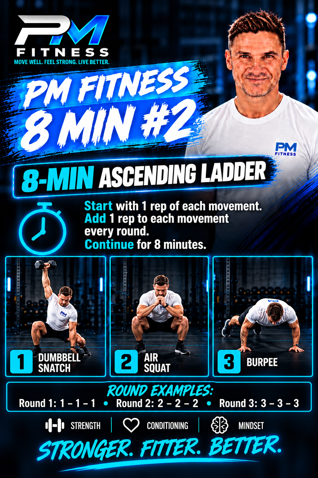 PM Fitness 8 Min ascending ladder: dumbbell snatch, air squat and burpee