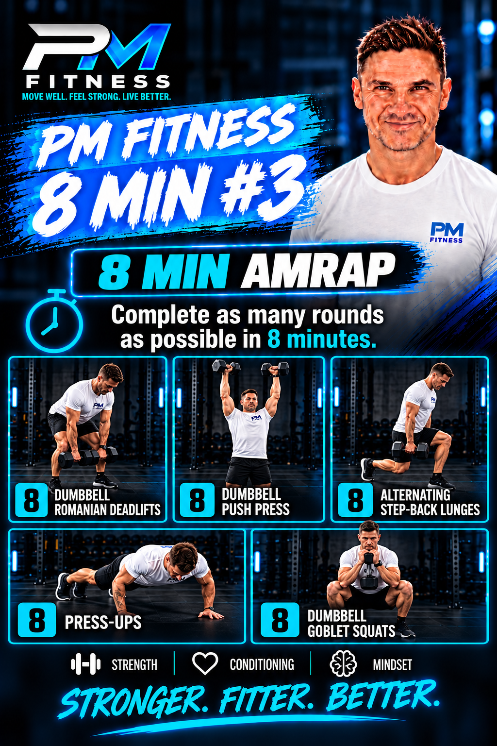 PM Fitness 8 Min workout with dumbbell Romanian deadlifts, push press, lunges, press-ups and goblet squats